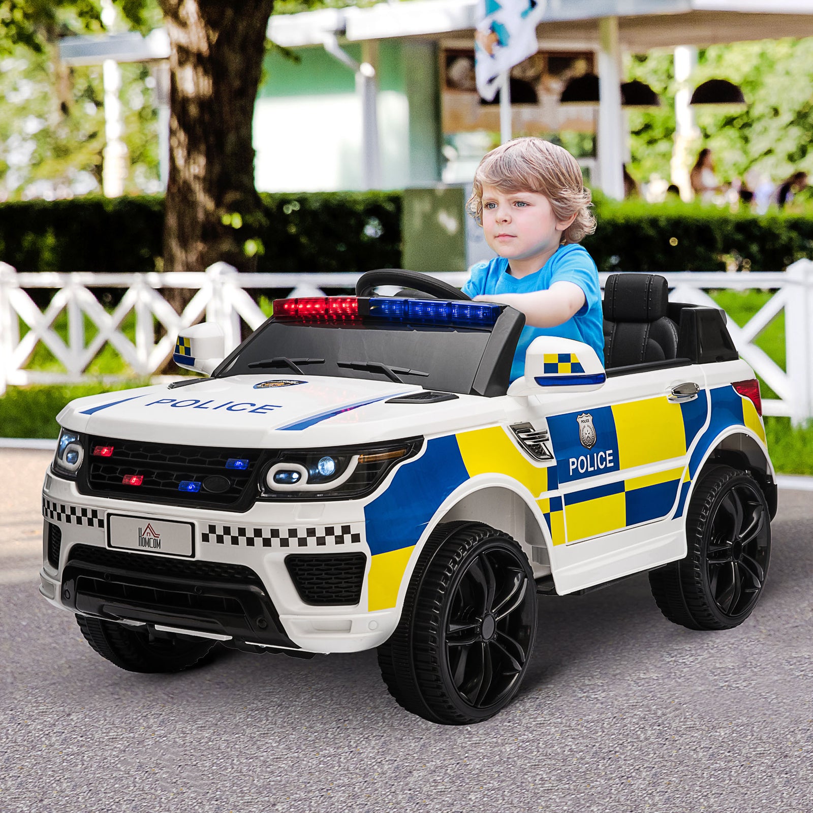 12V Kids Electric Ride On Police Car 2 Motors with Parental Remote Control Siren Flashing Lights USB Portable for 3-6 Years White