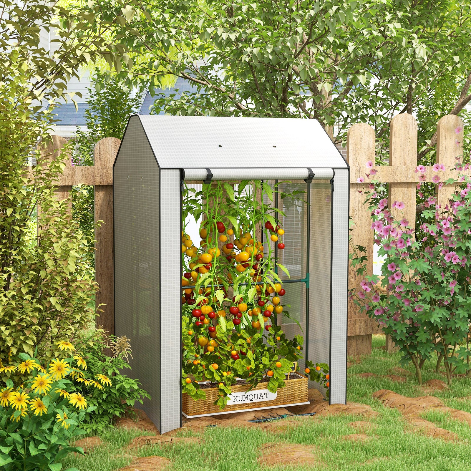 Mini Greenhouse with 4 Wire Shelves, Portable Tomato Greenhouse, Upgraded Garden Grow House for Plants with Roll Up Door and Vents, 100 x 80 x 150cm, White