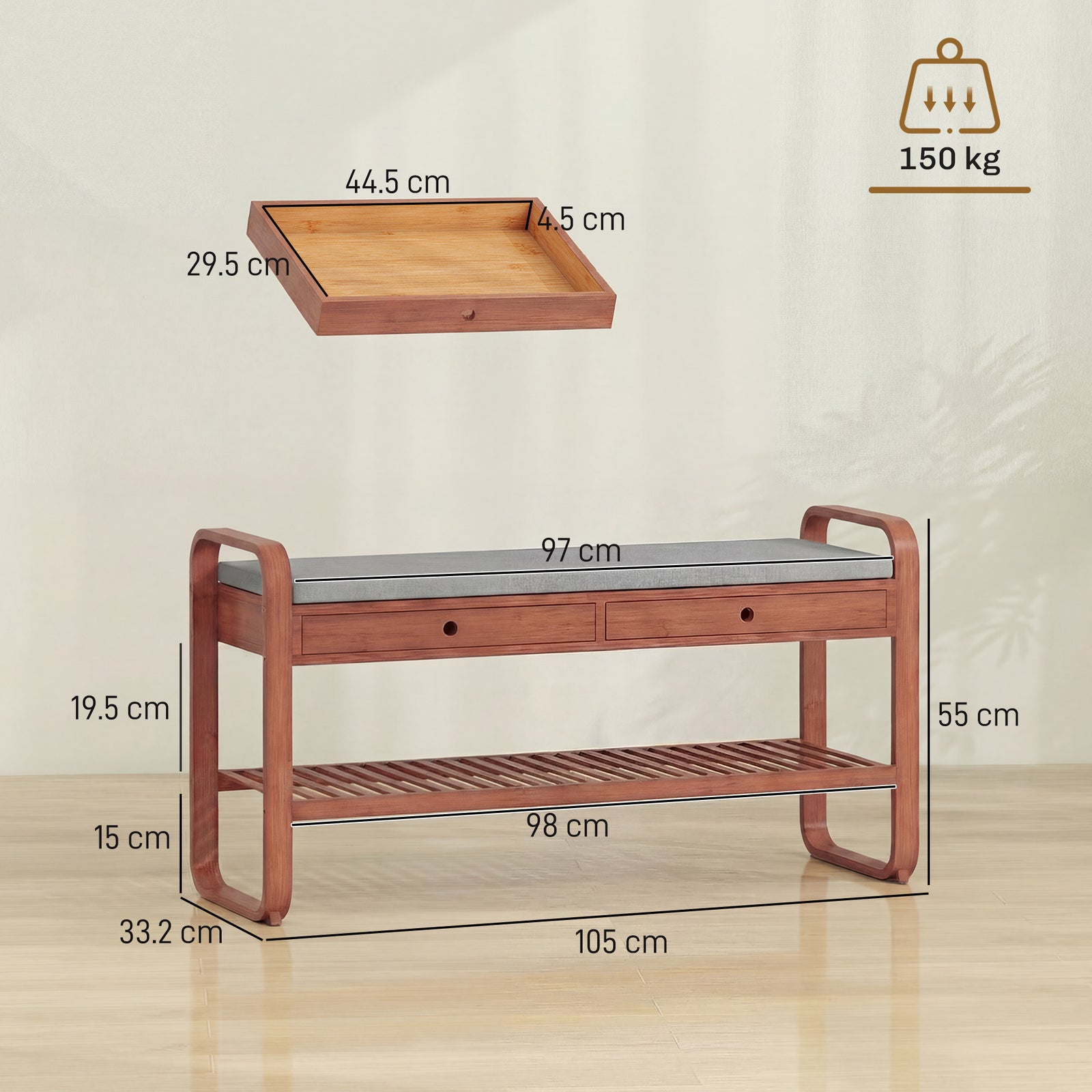 Shoe Bench with 2 Drawers Cushioned Seat Shoe Storage Bench for Hallwa