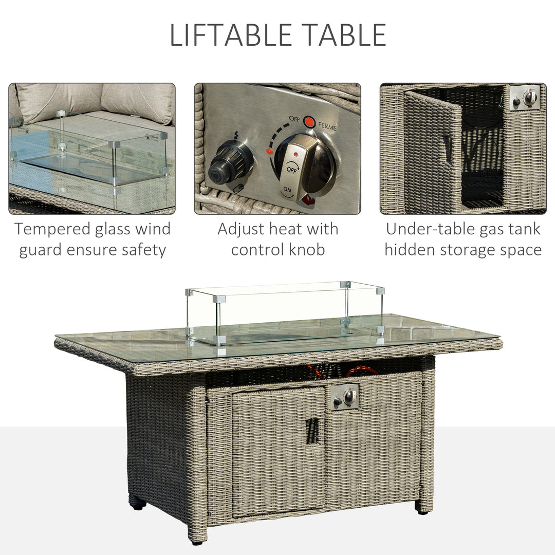 MCL 8-Seater Outdoor PE Rattan Sofa Set Conversation Set w/ Fire Pit Table, L-Shape Sofa, Footstool and Furniture Cover