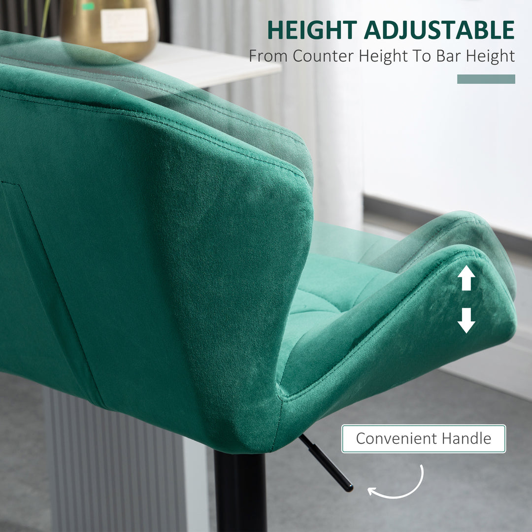 Bar Stools Set Of 2, Velvet-Touch Barstools with Metal Frame Footrest and Adjustable Height, Green