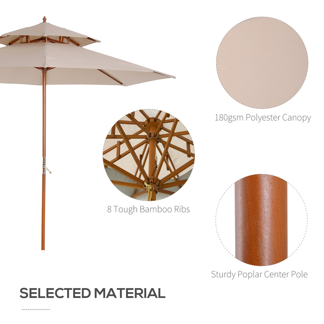 MCL 2.7m Wooden Parasol Elegant Two-Tier Design Garden Parasol Umbralle for Outdoor Shade, Beige