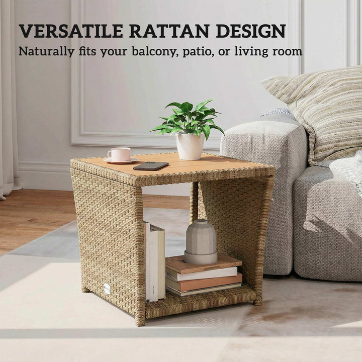 Side Table 2-Tier Outdoor Coffee Table with Storage Shelf PS Wood Slat
