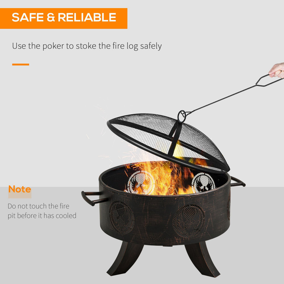 Outsunny Outdoor Fire Pit Patio Heater Charcoal Log Wood Burner with Screen Cover, Fire Bowl with Poker for Backyard, Bronze Tone
