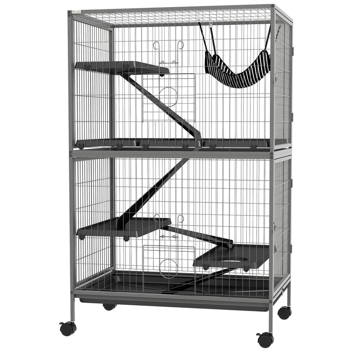 PawHut Small Animal Cage for Chinchilla Ferret Kitten on Wheels with Hammock Removable Tray, Silver Grey