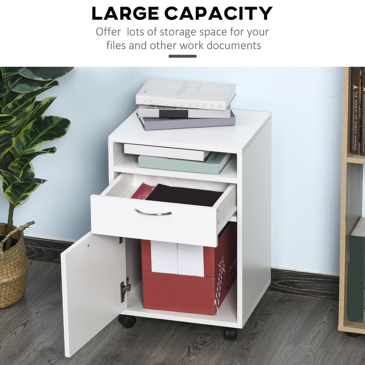 60cm Filing Cabinet with Drawer, Open Shelf, Metal Handles and 4 Wheels, Office Home Organiser Mobile Printer, White