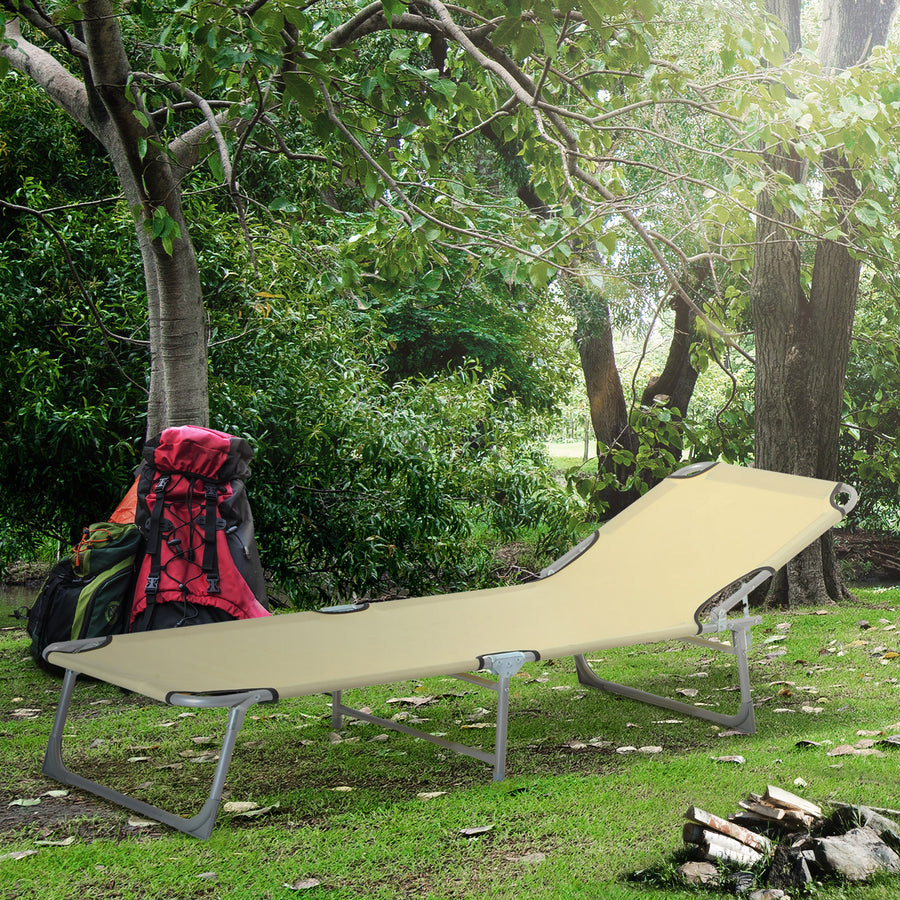 Reclining Sun Lounger Chair Folding Camping Bed with 4-Position Adjustable Backrest, for Travel Indoor Outdoor Office Fishing, Beige