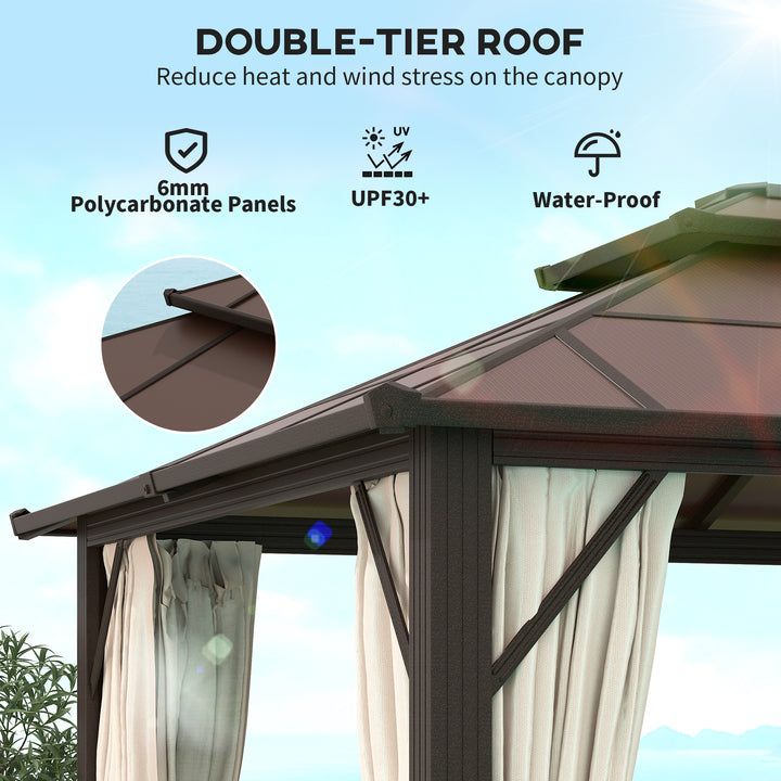 3 x 4m Hardtop Gazebo Canopy with UPF30+ Double Polycarbonate Roof, Aluminium Frame Garden Gazebo Permanent Pavilion with Mosquito Netting and Curtains for Patio, Deck, Beige