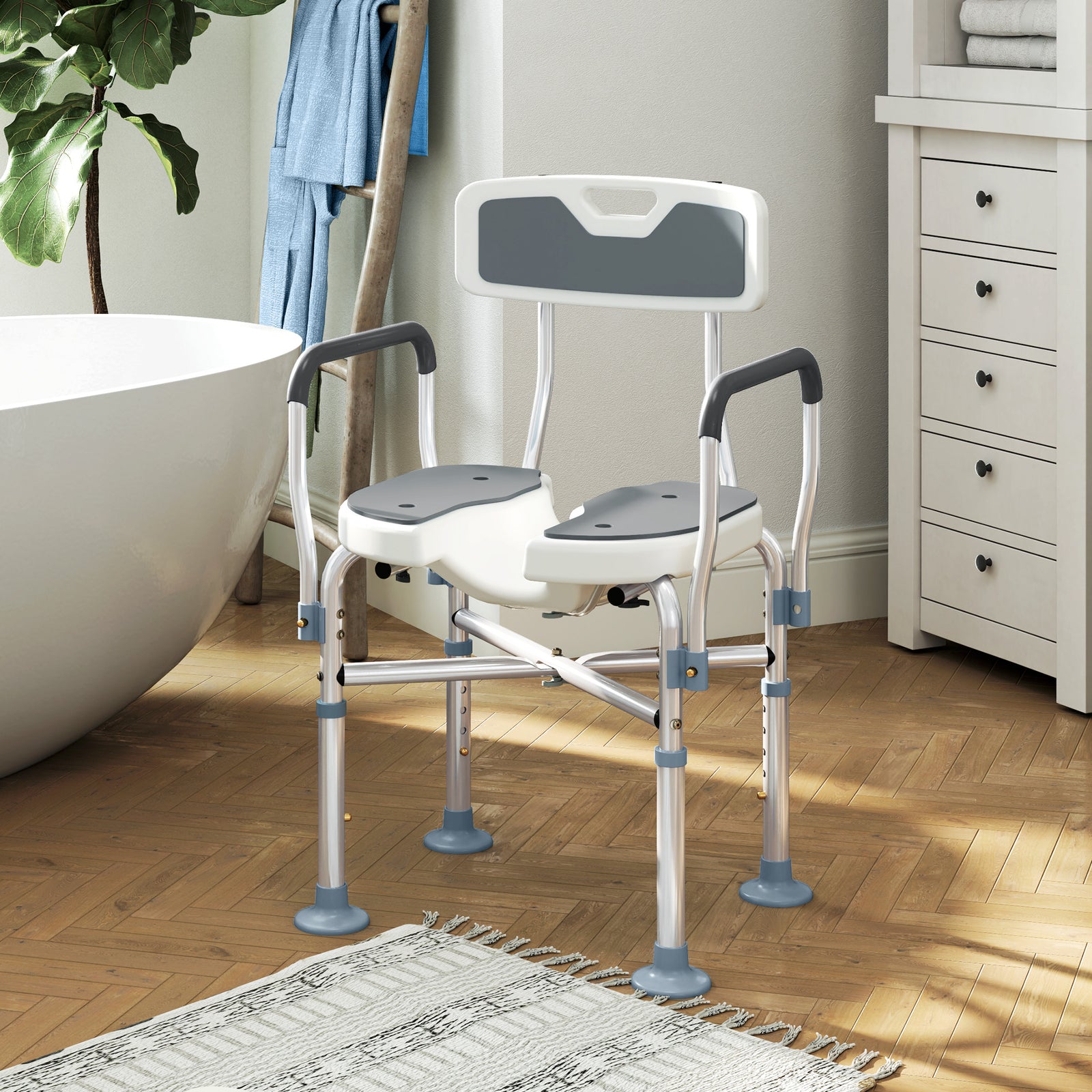 Shower Chair with Upgraded U-shaped Seat and Reinforced Crossbars, Height Adjustable Padded Bath Chair with Non-slip Feet for Elderly Seniors Disabled Handicap, Tool-Free Assembly, Grey