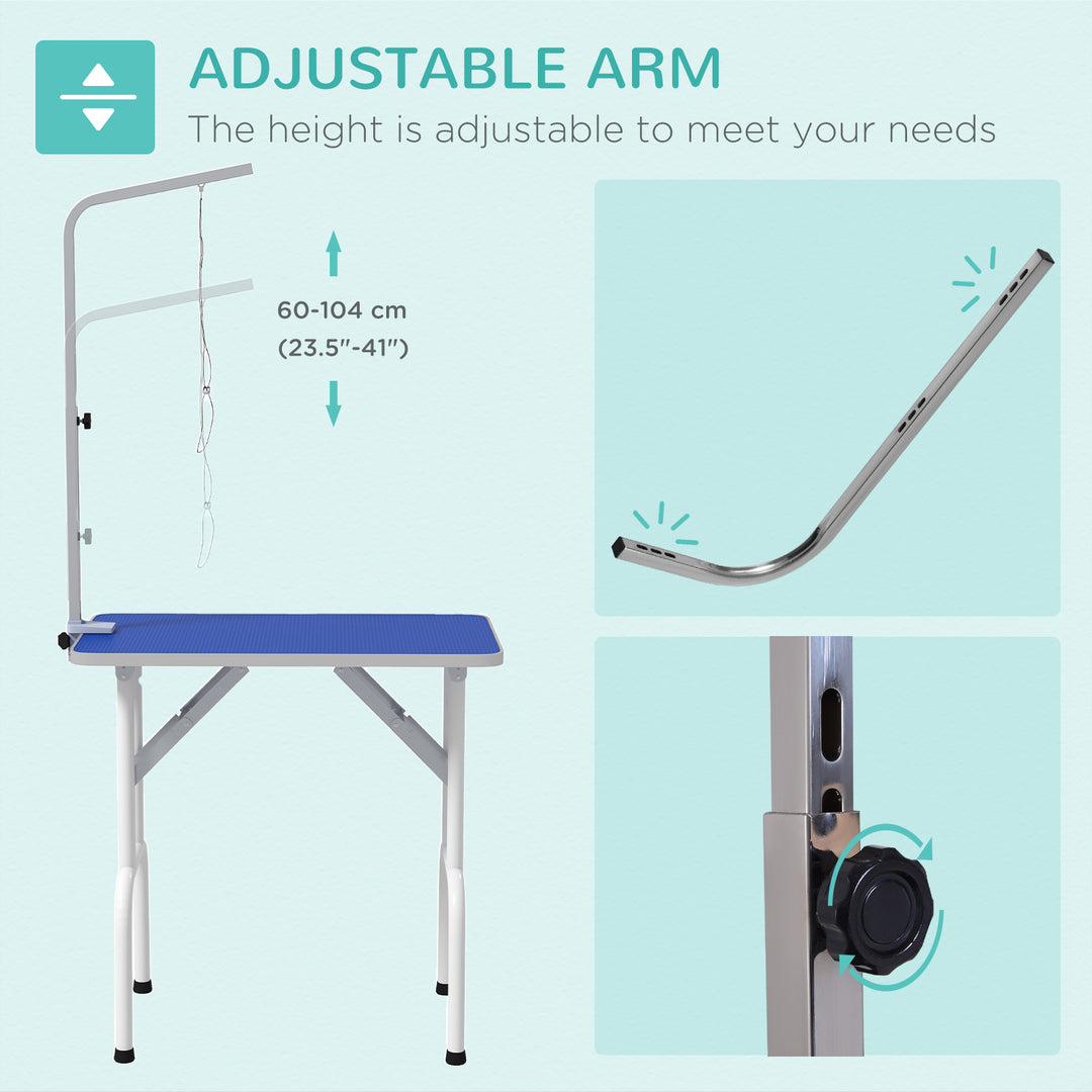 32" Foldable Dog Grooming Table Pet Drying Beauty Table Adjustable Fixed Arm Rubber Top, Blue