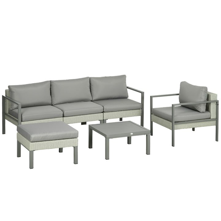 Outsunny 6 Pieces Patio Furniture Set with Sofa, Armchair, Stool, Metal Table, Cushions, for Outdoor, Light Grey