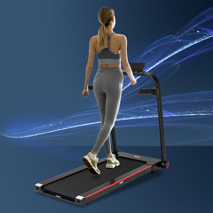 750W Folding Treadmill, 1-14km/h Electric Running Machine w/ Wheels, Safety Button, LED Monitor, Phone Holder for Home Office Jogging Fitness Exercise Workout