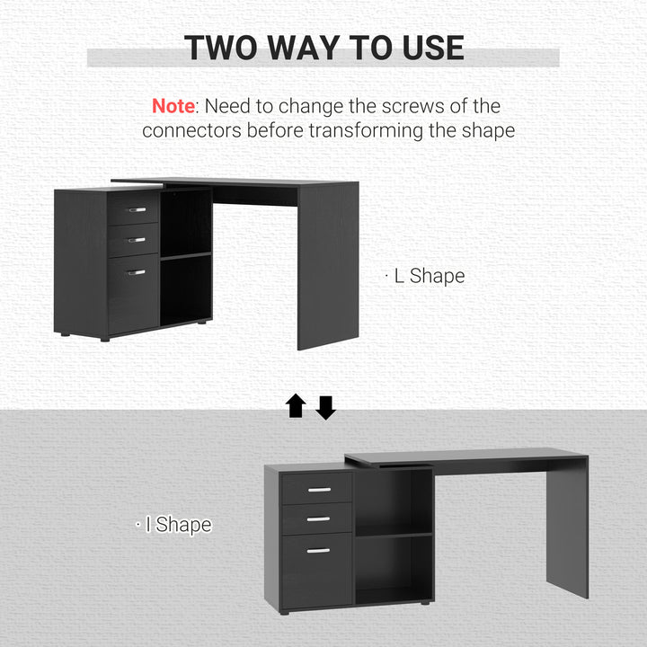 L Shaped Computer Desk, Reversible Home Office Desk with Drawers, File Cabinet and Storage Shelves, Study Table, 117 x 83.5 x 76cm, Black
