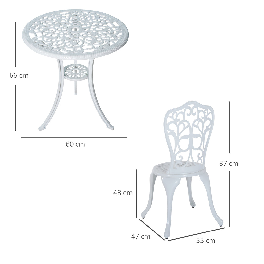 3 Pieces Antique Garden Bistro Set for 2, Cast Aluminium Garden Furniture Set with Umbrella Hole, White