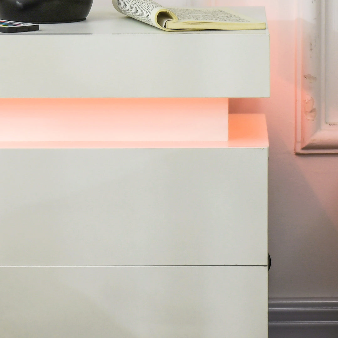 Set of 2 White Bedside Tables with LED Lights, High Gloss Front Nightstands with 4 Drawers