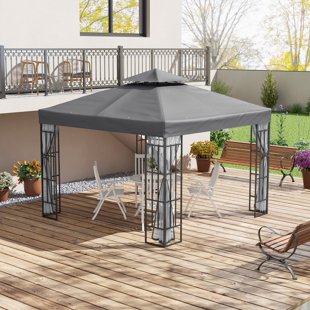 Outsunny Patio Gazebo 3 x 3m, Garden Pavilion Tent Shelter with 2 Tier Roof, Mosquito Netting, Steel Frame, Grey