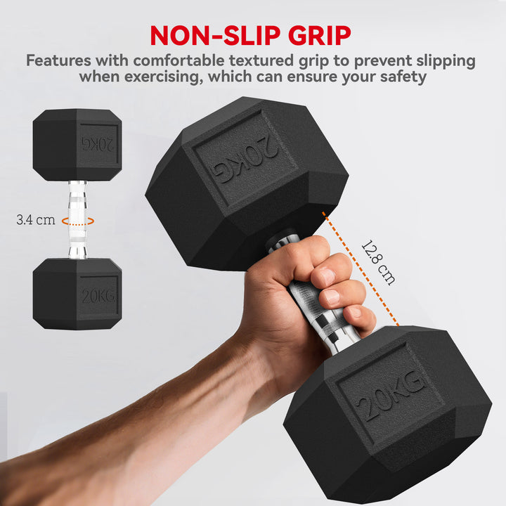 20KG Single Rubber Hex Dumbbell Portable Hand Weights Dumbbell Home Gym