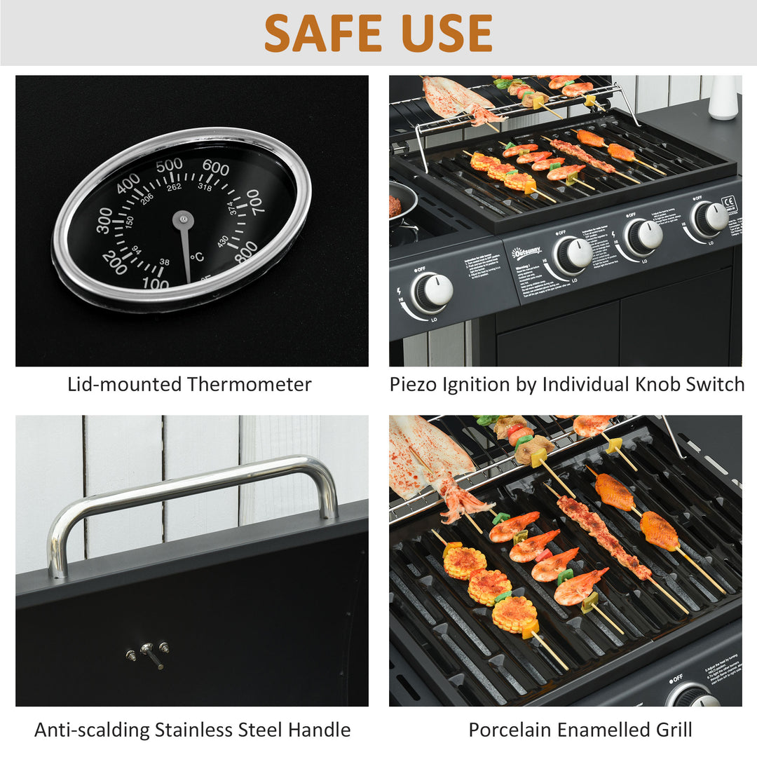 3+1 Burner Gas BBQ Grill, Outdoor Barbecue Trolley with Wheels, Warming Rack, Side Shelves, Cabinet, Thermometer for Garden, Party, Camping, 110L x 50W x 100Hcm, Black