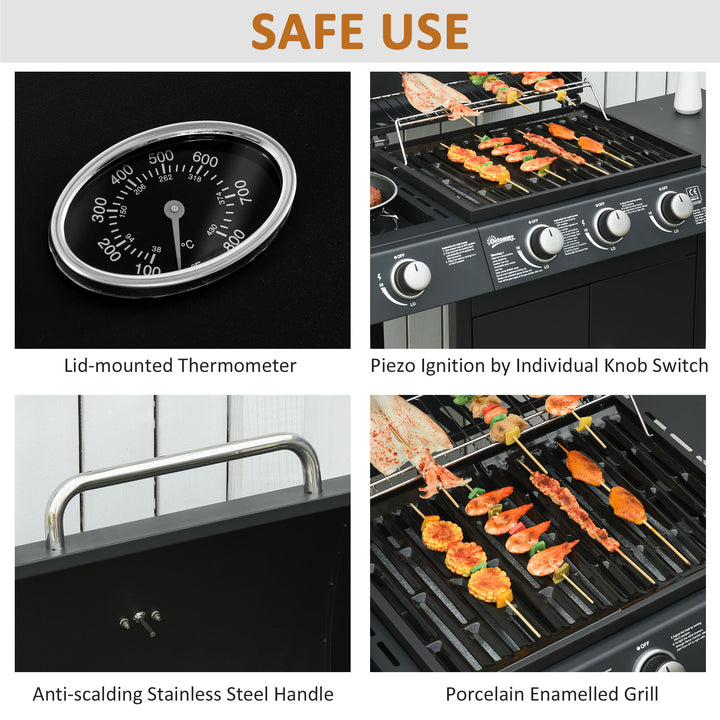3+1 Burner Gas BBQ Grill, Outdoor Barbecue Trolley with Wheels, Warming Rack, Side Shelves, Cabinet, Thermometer for Garden, Party, Camping, 110L x 50W x 100Hcm, Black