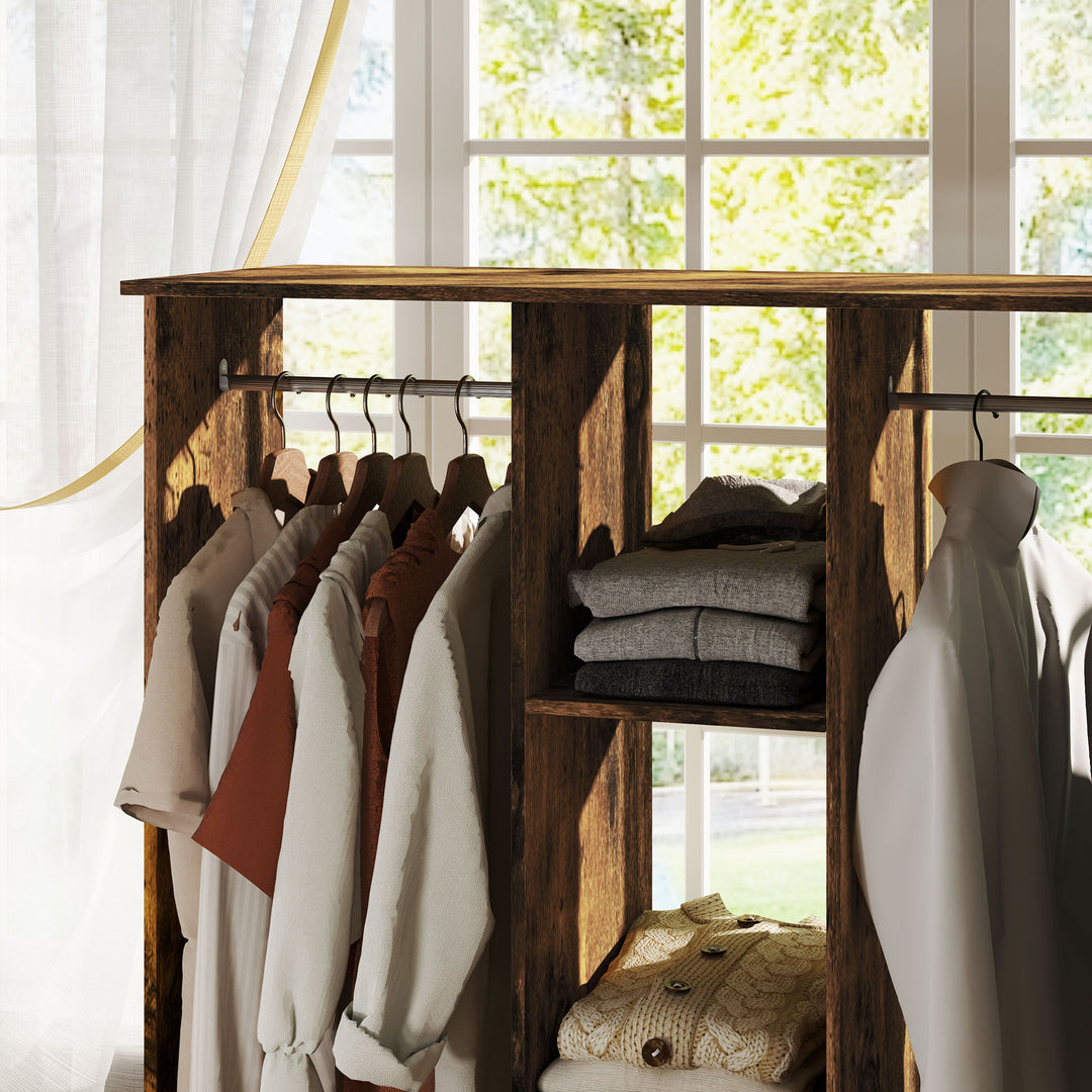 Open Wardrobe Double Mobile Storage Shelves Organizer W/6 Wheels-Rustic Brown