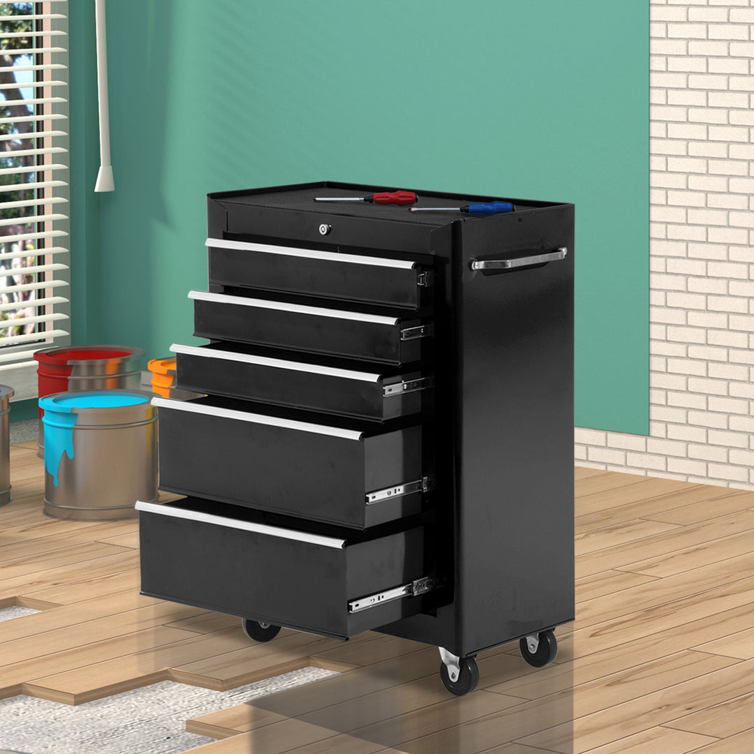 5-Drawer Tool Chest, Lockable Steel Tool Storage Cabinet with Wheels and Handle Tool Box for Garage, Workshop, Black