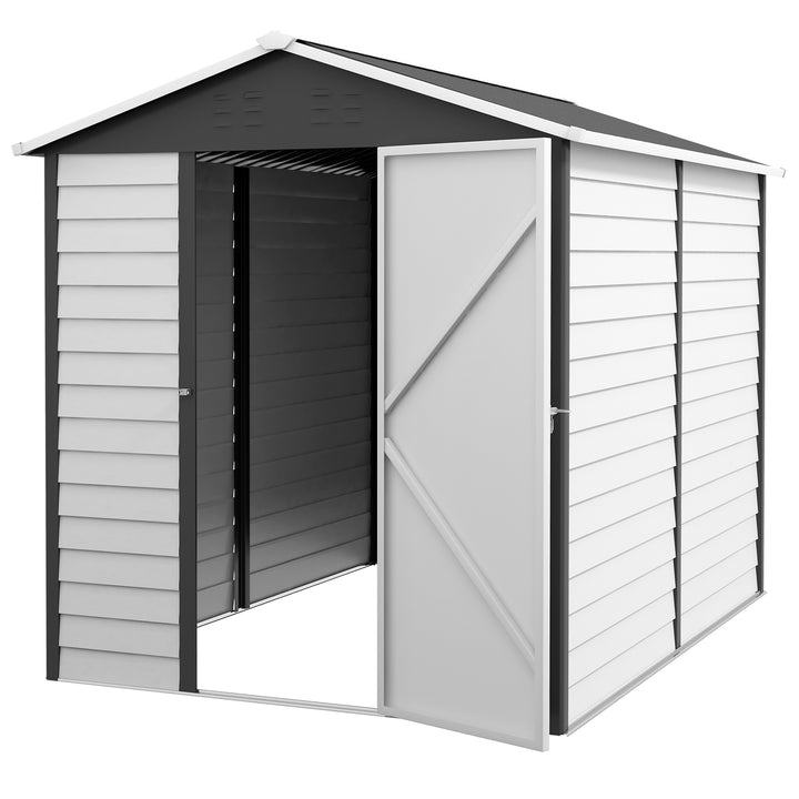 Outsunny 9x 6FT Metal Outdoor Garden Shed, Galvanised Tool Storage Shed w/ Sloped Roof, Lockable Door for Patio Lawn, Dark Grey