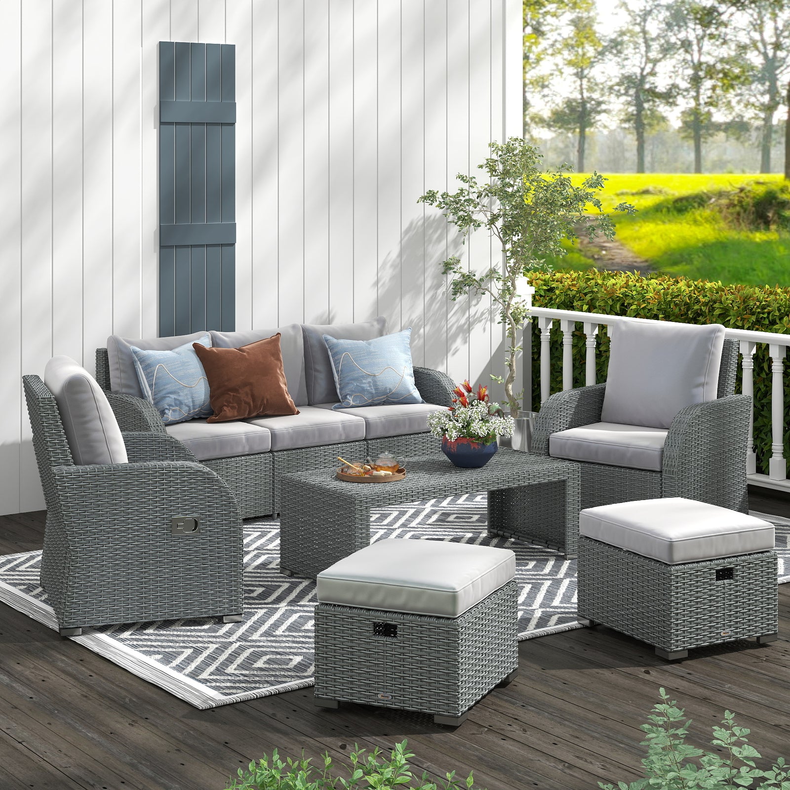 Six-piece Outdoor Rattan Dining Set, Outdoor Sofa Set with Reclining Armchairs and Mental Frame, Grey
