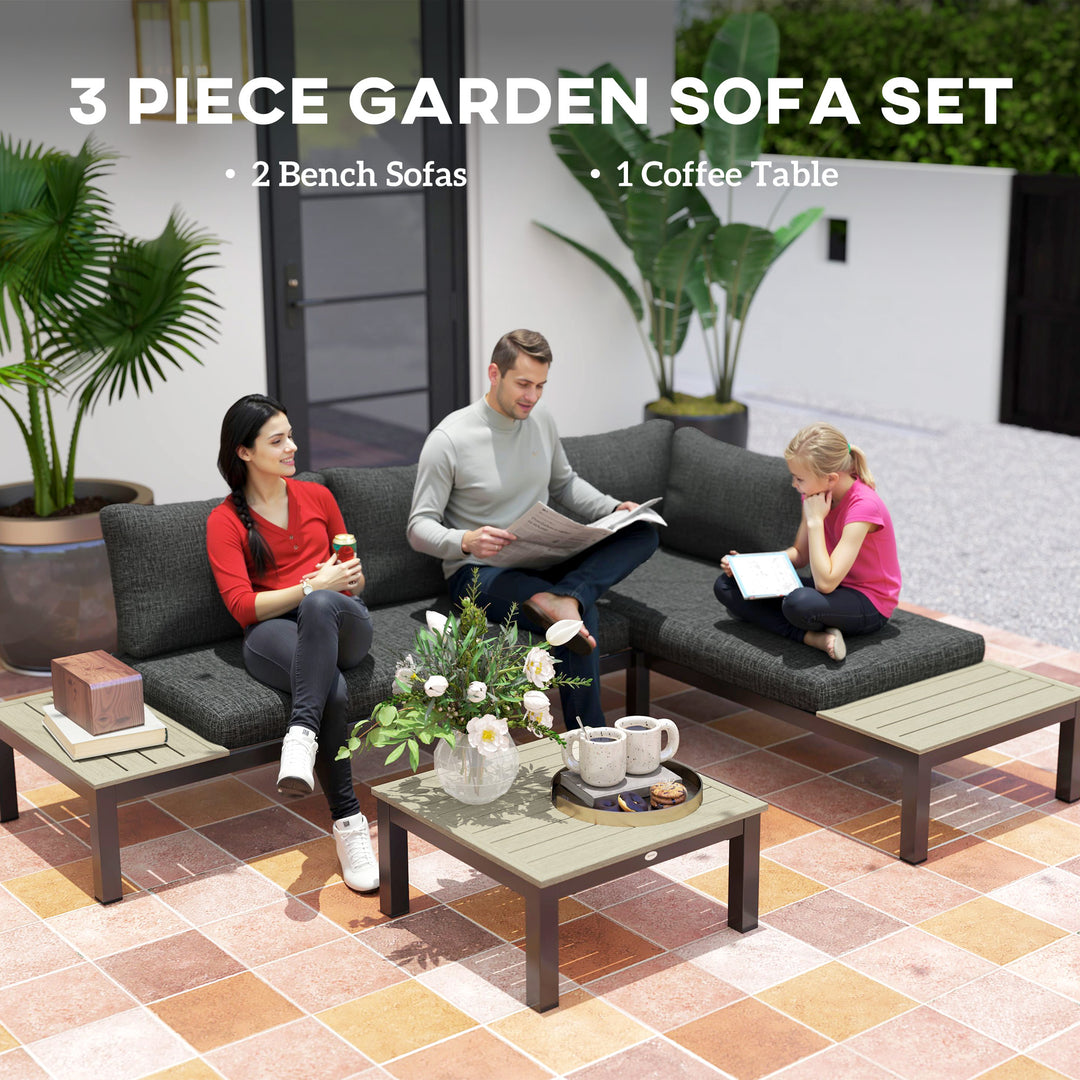 3 Pieces Garden Furniture Set, Aluminium 4 Seater Corner Sofa Set with 2 Loveseats, Coffee Table and Side Trays, Outdoor Conversation Furniture with Cushions for Garden, Dark Grey