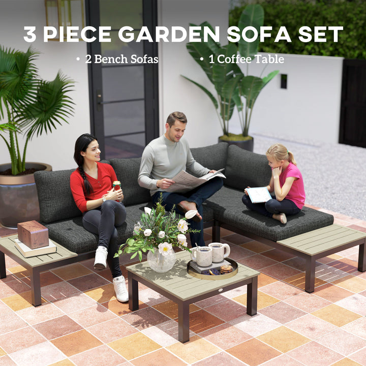 3 Pieces Garden Furniture Set, Aluminium 4 Seater Corner Sofa Set with 2 Loveseats, Coffee Table and Side Trays, Outdoor Conversation Furniture with Cushions for Garden, Dark Grey