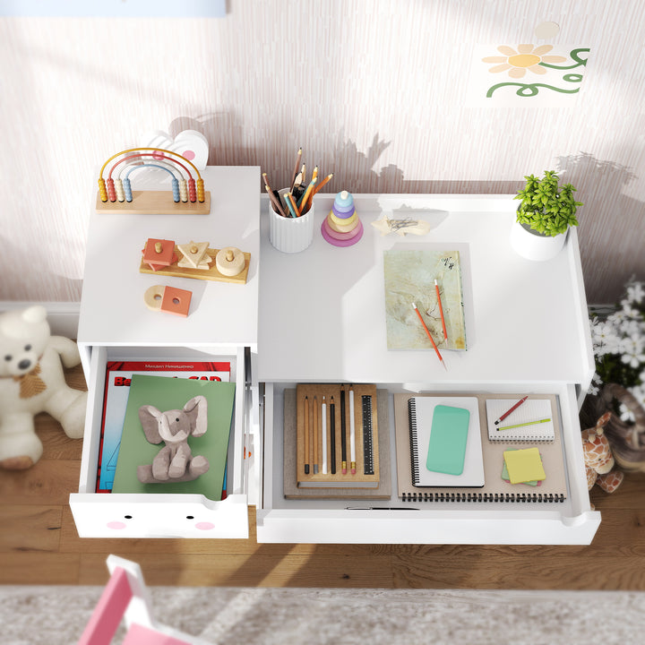 AIYAPLAY Rabbit-Themed Kids Desk and Chair Set with Bookcase, Drawers, Shelves, for Ages 3-6 Years, Whtie/Pink
