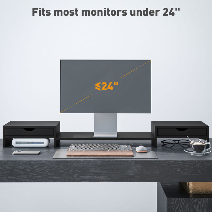 Dual Monitor Stand Riser with 2 Drawers, Adjustable Length and Angle, 116cm Monitor Riser for Laptop, Computer, PC, Small Printer, Black