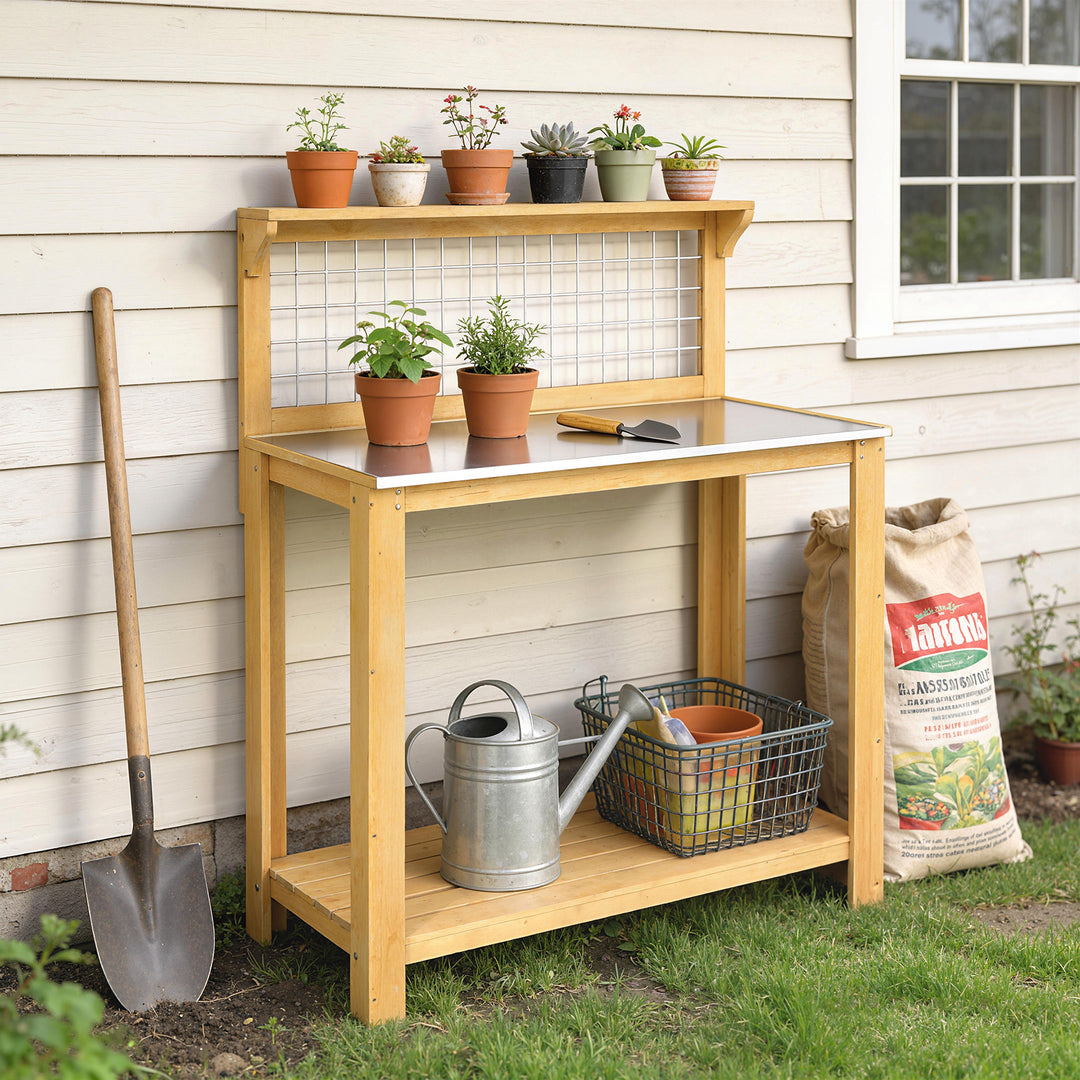Wooden Potting Bench Table with Aluminium Worktop, Outdoor Garden Work