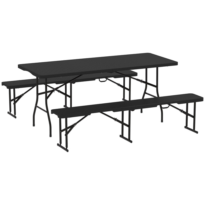 Folding Picnic Table and Bench Set, Rattan Effect Portable Camping Table and Chairs with Carrying Handles for Indoor Outdoor, Dining, Camping, Picnic, BBQ, Party, Black