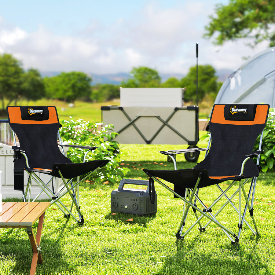 Set of 2 Reclining Folding Camping Chair w/ Detachable Footrest, Storage Bag, Cup Holder & Headrest, Lightweight Portable Camp Chair for Beach, Picnic, Orange and Black