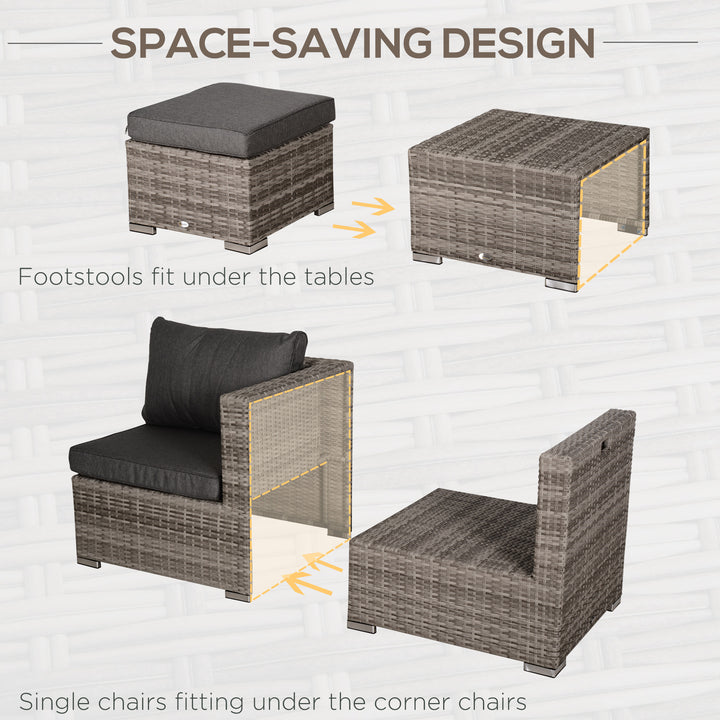 8 Pieces Rattan Garden Furniture Set, Garden Corner Sofa Set with 4 Chairs, 2 Footstools, 2 Coffee Tables and Cushions, Space-Saving Design, No Assembly Required, Grey