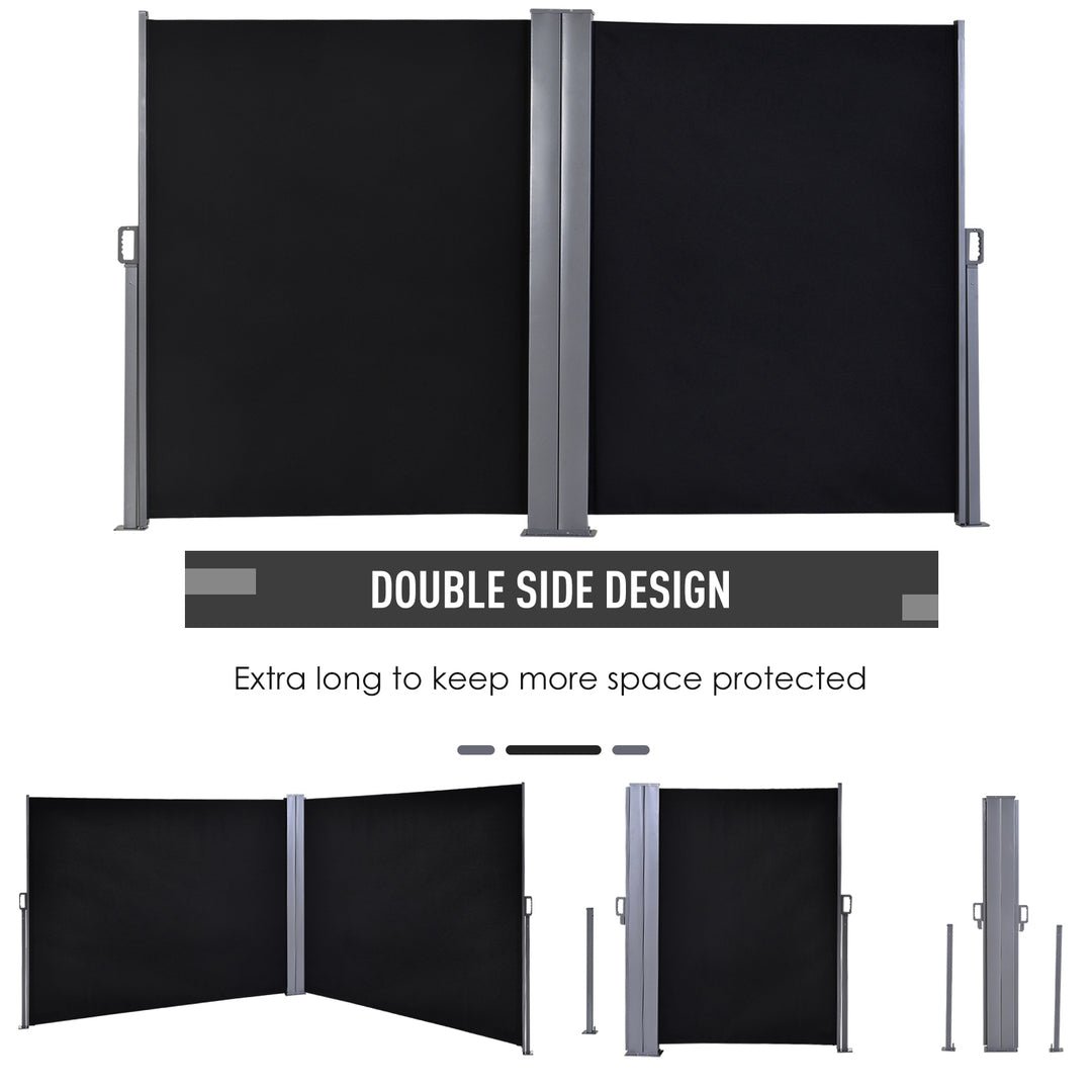 600 x 180 cm (HxL) Retractable Awning Double Canopy Side Privacy Protection Sun Shade Side Blind w/ Steel Frame Versatile Use In Garden Patio - Black