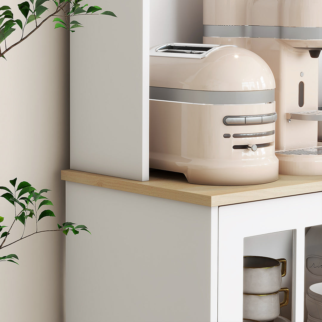 Freestanding Kitchen Cupboard, Storage Cabinet with Doors and Adjustable Shelves, Counter Top, Grid Glass Doors, 80L x 37W x 183H cm - White