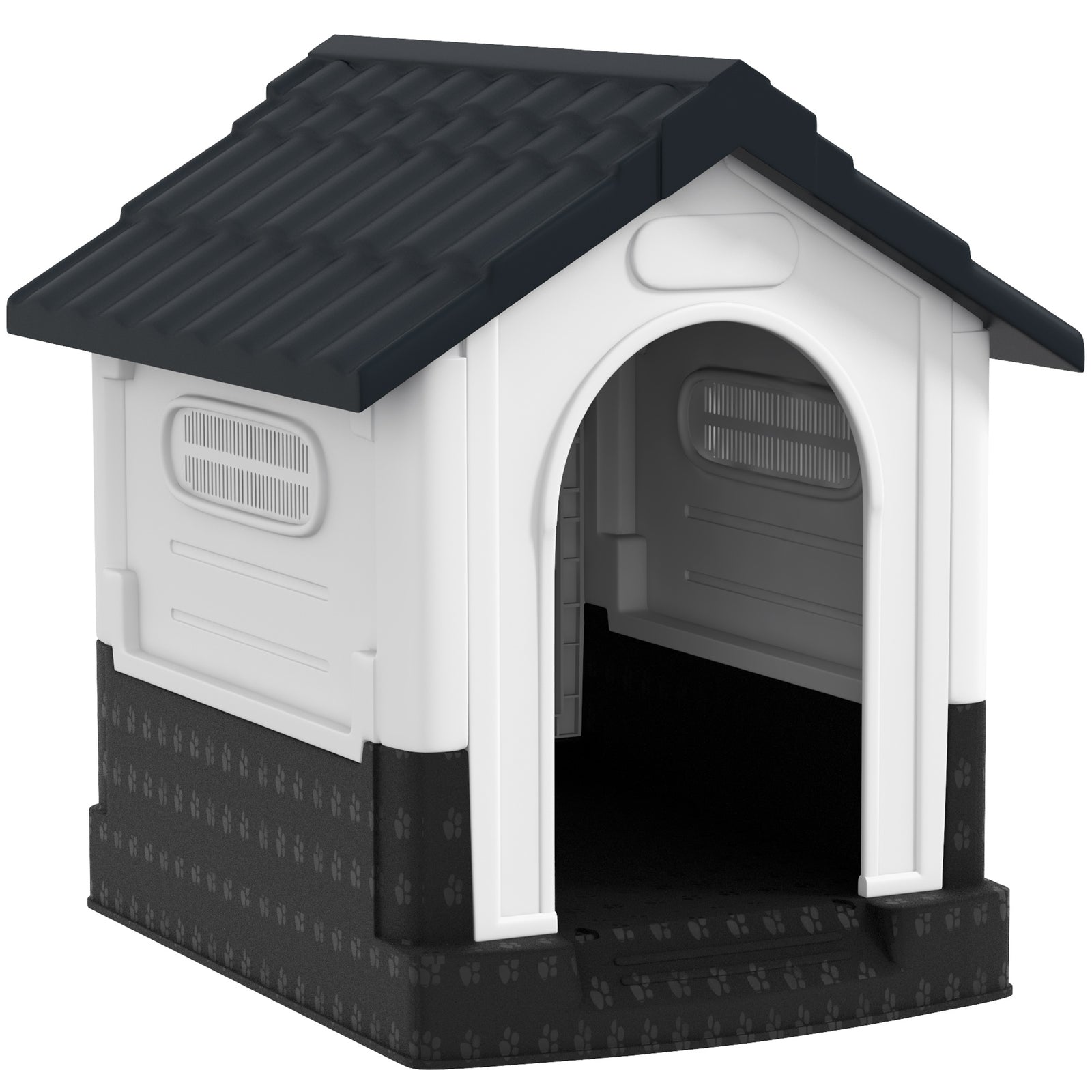 Plastic Dog Kennel with Windows, for Garden Patio, Miniature Dogs, 64.5 x 57 x 66cm - Grey