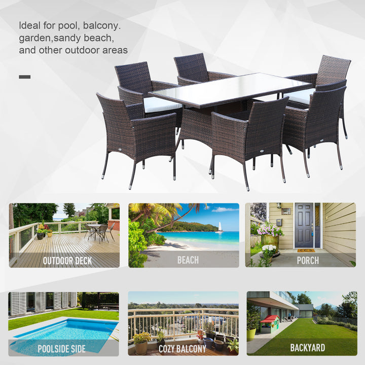6 Seater Rattan Dining Set with Cushions, Rattan Garden Furniture Set with 6 Armchairs, Rectangular Glass Top Table, Outdoor Dining Table and Chairs, Brown