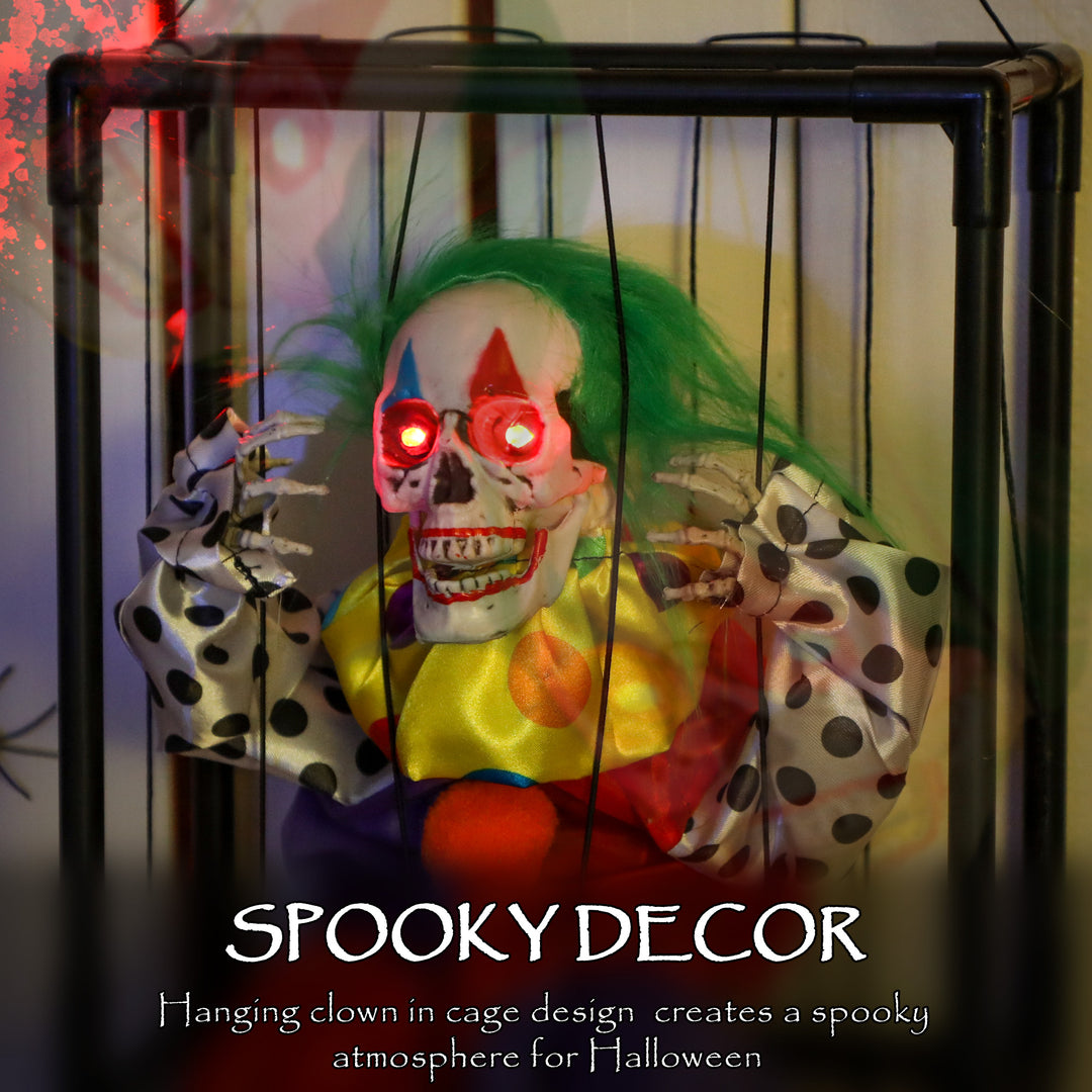 Outsunny Halloween Animated Hinging Clown in Cage with Glowing LED Eyes, Spooky Clown Scary Halloween Decorations, Battery Operated, Indoor Party Props