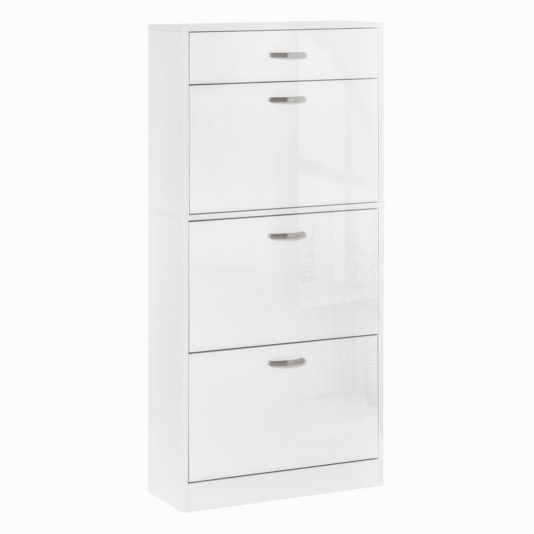 Shoe Cabinet with 3 Flip Drawers, High Gloss Shoe Storage Cabinet with Top Drawer and Adjustable Shelves, Shoe Cupboard for 18 Pairs, White