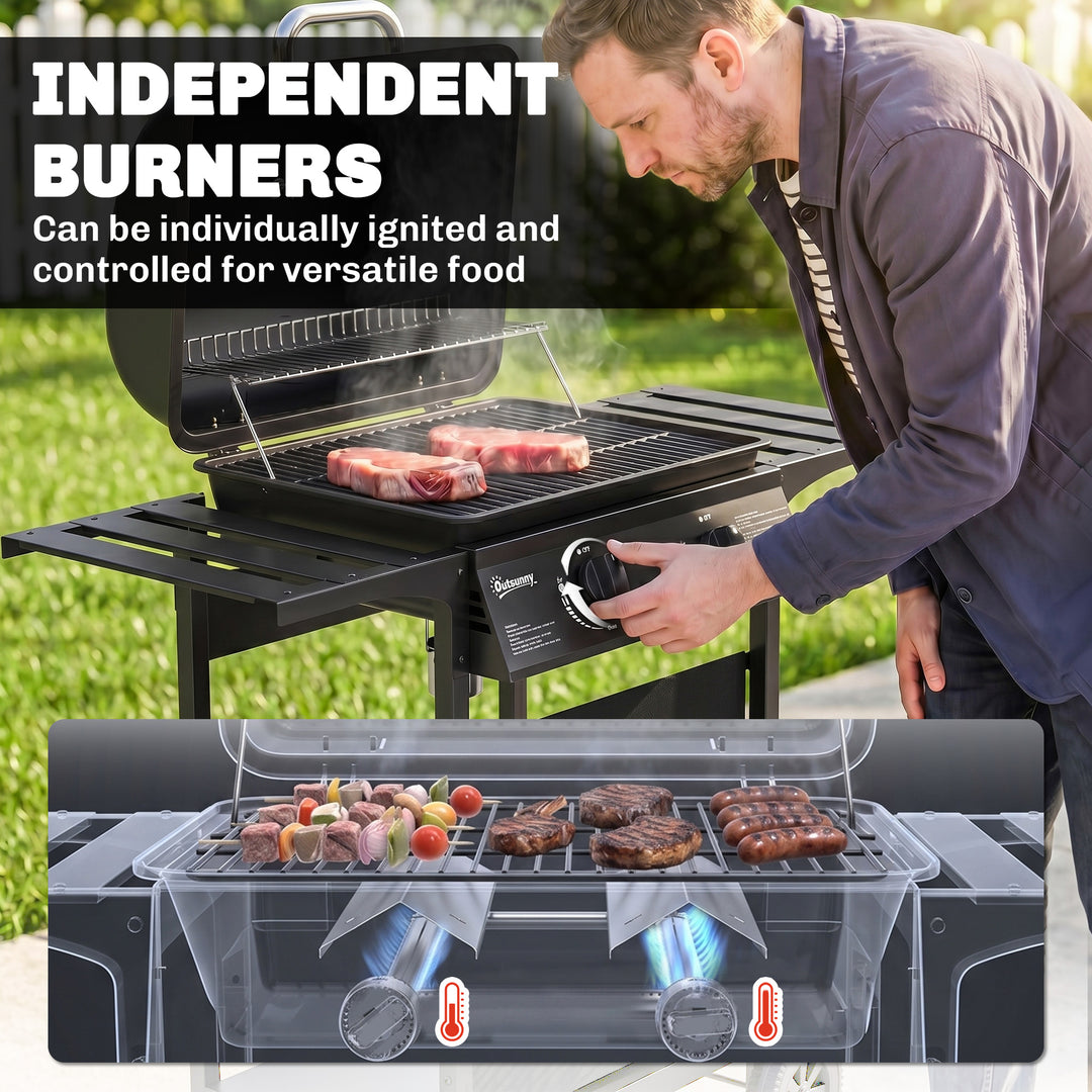 Gas Burner Barbecue Grill, 2 Burner Gas Grill with Side Tables, Warmin