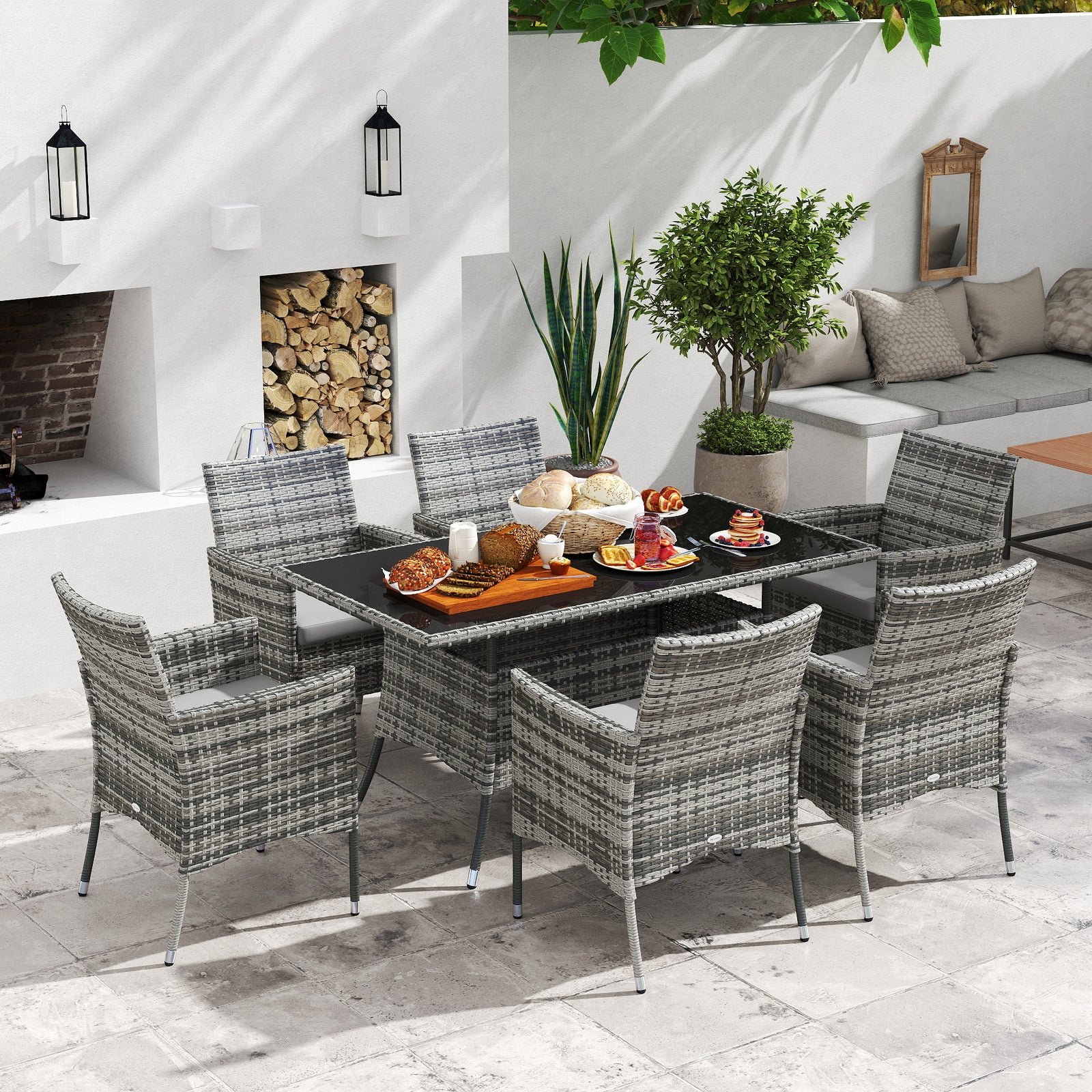 7-Piece Rattan Garden Furniture Set with Cushions, 6 Seater Garden Table and Chairs, Rattan Dining Set with 6 Armchairs, Rectangular Glass Top Table, Grey
