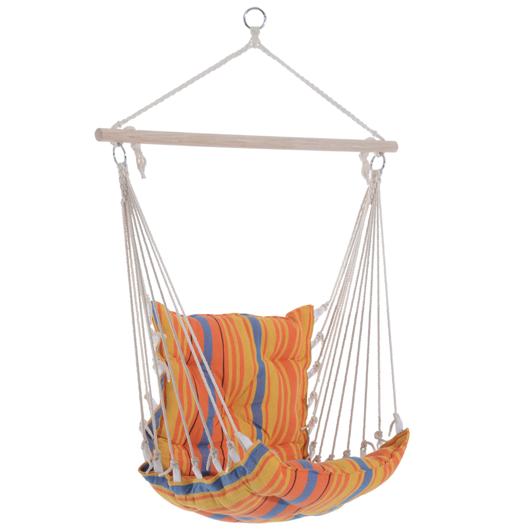 Outdoor Hanging Rope Chair with Soft Padded Seat & Backrest, Garden Hammock Chair with Wooden Support Bar Cotton Cloth, Portable Garden Chair for Patio & Tree, Orange