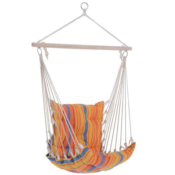 Outdoor Hanging Rope Chair with Soft Padded Seat & Backrest, Garden Hammock Chair with Wooden Support Bar Cotton Cloth, Portable Garden Chair for Patio & Tree, Orange
