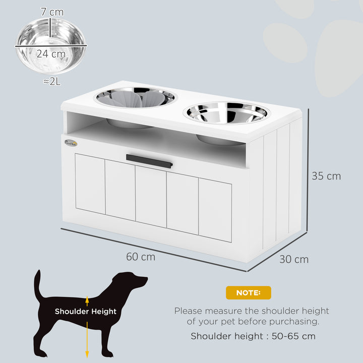 Raised Dog Bowl with Slow Feeder, Two Stainless Steel Dog Bowls, Drawer, for Large and Extra Large Dogs, White