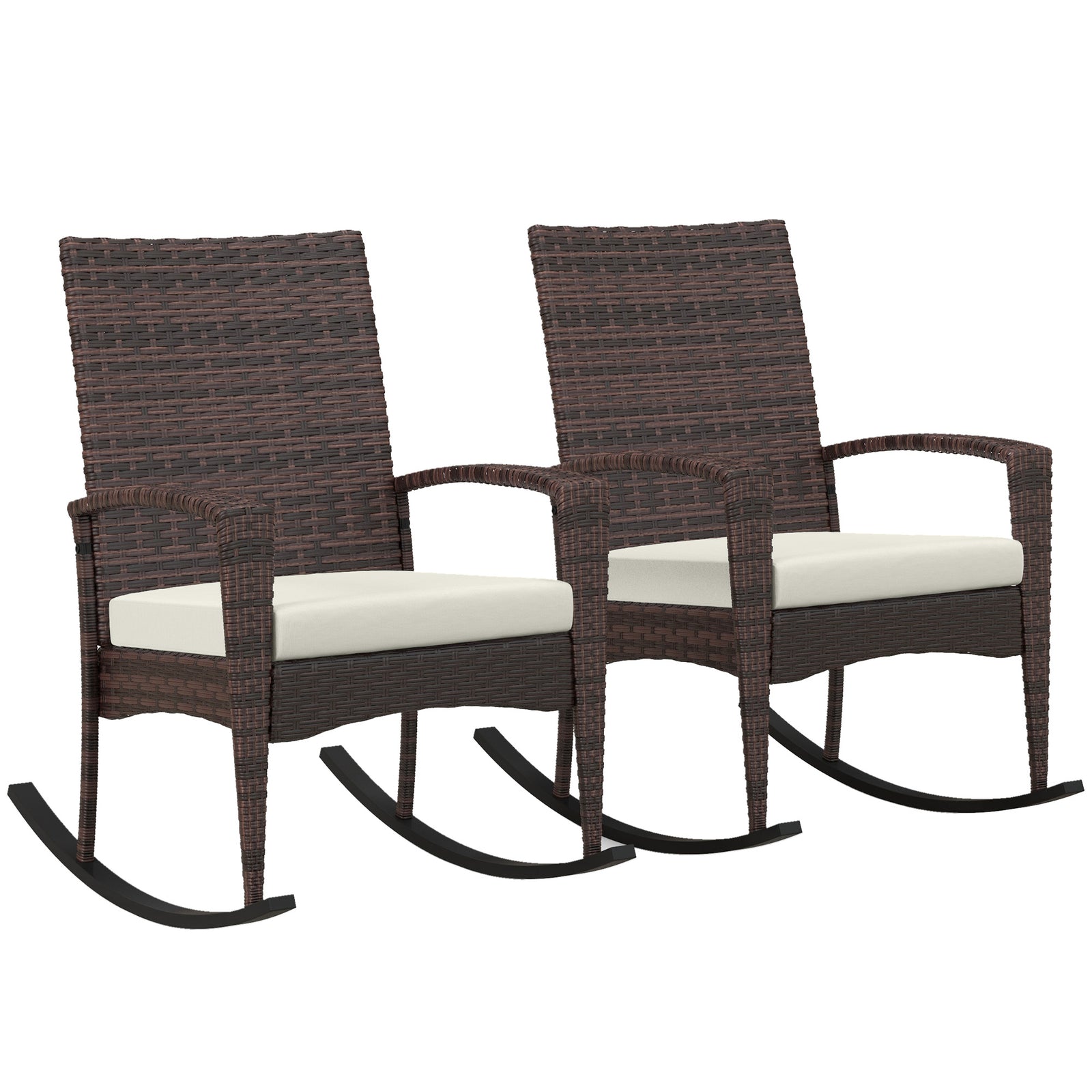 Outdoor PE Rattan Rocking Chair Set of 2, Garden Rocking Chair Set with Armrest and Cushion, Brown