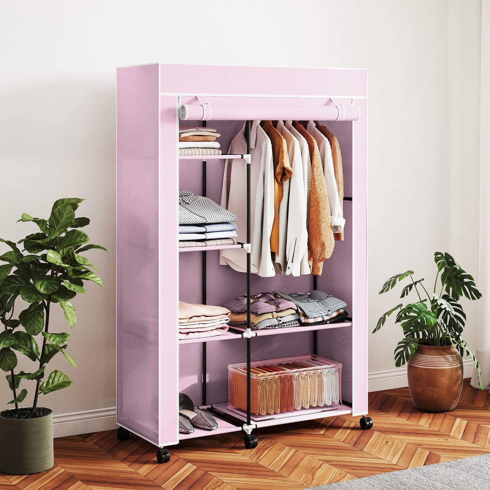 Fabric Wardrobe w/ Shelves Hanging Rail Foldable Wardrobe Pink