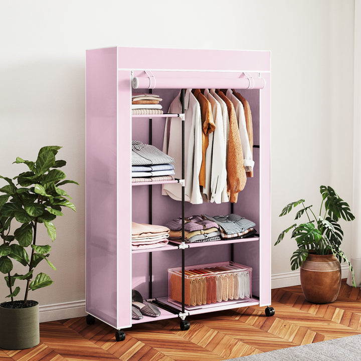 Fabric Wardrobe w/ Shelves Hanging Rail Foldable Wardrobe Pink