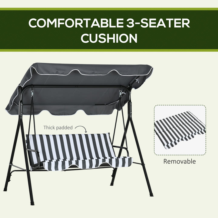 Outsunny 3 Seater Garden Swing Seat Plus Adjustable Canopy, Hammock Chair with Foot Pads, High angled Back, Grey Stripe | Aosom UK